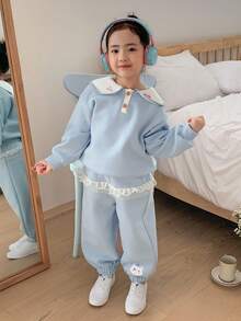 DAZY 2pcs Young Girls Doll Face Knitted Thermal Lined Sweatshirt And Pants Set, Fall, Winter - Blue - View 6