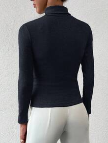 EURMUSE Women's Solid Color Turtleneck Long Sleeve Fitted Casual Pullover Sweater - Black - View 2