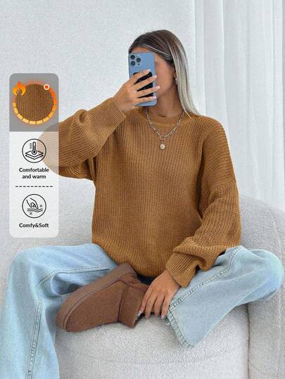 SHEIN Women Solid Color Round Neck Drop Shoulder Chunky Pullover,Jumper,Cream Jumper,Jumpers,Black Jumper,Womens Jumper,White Jumper,Women's Jumper,Women's Jumpers,Winter Clothes