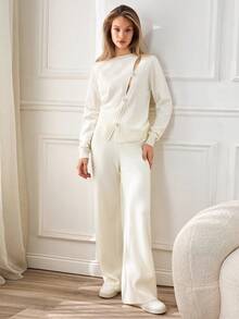 SHEIN Tall Coordinato casual con maglione alto con dettagli a bottoni di taglia oversize - Albicocca - Visualizzare 4