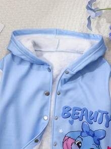 SHEIN Dziewczęca kurtka polarowa z kapturem, jednorzędowa, w swobodnym, sportowym stylu, z uroczym królikiem i nadrukiem liter, w kontrastowym kolorze, jesień/zima