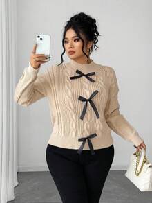 SHEIN Tall CURVE Plus Size Women Solid Color Knitted Stand Collar Bow Decor Long Sleeve Cropped Cute Sweet Pullover Sweater, Winter - Khaki - View 5