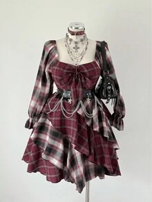 Sunspun Plaid Patchwork Bow Tie Waist Minimalist Long Sleeve Dress - Burgundy - View 3