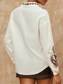 Lumalex 女式休闲度假风格刺绣佩斯利图案落肩宽松长袖衬衫，春秋 - 米色 - 查看 10