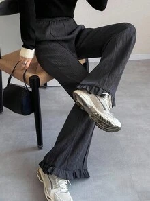 FRIFUL Women's Casual Solid Color Textured Elastic Waist Flare Pants Ruffle Pants Bell Bottom Pants Flared Pants Wide Leg Pants Pleated Pants