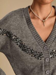 Enchnt Cardigan lavorato a maglia con scollo a goccia, maniche lunghe e perline, casual, adatto per l'autunno, da donna