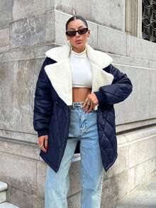 EURMUSE Women Padded Coat, The Waist-Closed Shape-Elegant Style, Contrast Colour, Rib Cuff - Navy Blue - View 6
