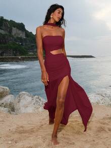 Opulessa 女式纯色针织镂空设计修身开衩连衣裙 - 酒紅色 - 查看 7