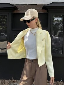 Elyressa 女士双排扣金色纽扣装饰法式休闲日常通勤时尚优雅街头复古百搭假日商务米色长袖夹克外套，秋冬 - 黃色 - 查看 6