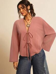 Freevana Plus Size Solid Color Woven Flared Long Sleeve Loose Regular Blouse For Women - Baby Pink - View 3