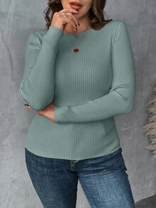 SHEIN Clasi 大码女式杏色圆领长袖打底毛衣，秋冬必备套头衫 - 霧霾藍 - 查看 4