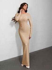 SHEIN Tall Damen einfarbiges minimalistisches rückenfreies Langarmkleid, lässige Alltagskleidung, für große Frauen - Khaki - Übersicht 5