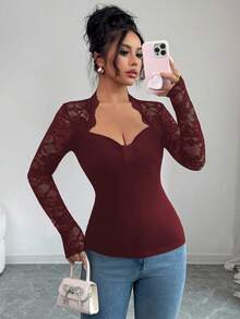 Selianne 女士时尚优雅高弹力蕾丝拼布衬衫，收腰修身纯色长袖上衣 - 酒紅色 - 查看 3