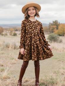 Emery Rose Kids Emery Rose Kids Tween女孩棕色碎花印花圓領長袖A字洋裝，波希米亞風秋季返校度假派對母女套裝 - 巧克力棕 - 查看 3