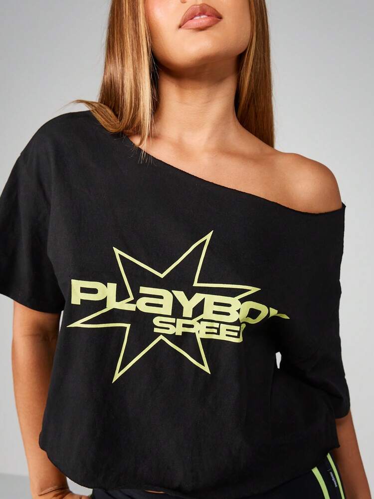 Missguided x Playboy Casual Asymmetrical Shoulder Graphic Print Crop Top Short Sleeve Cotton Blend Street Style Party Wear Festival T-Shirt Vintage Racing Speed Star