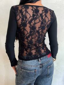 Aloruh Women's Contrast Lace V-Neck Long Sleeve Fitted T-Shirt - Black - View 4