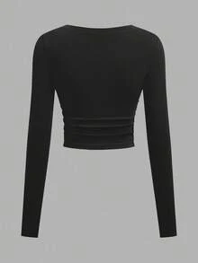 Tseoso 3 件装百搭黑、白、灰色 V 领褶皱腰长袖修身休闲 T 恤女上衣，95% 纯棉 - 彩色 - 查看 8