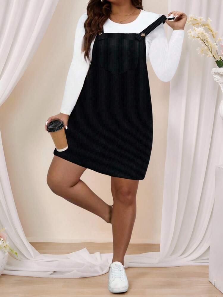 Plus Size Women's Black Woven Regular Elegant Corduroy Pinafore Dress