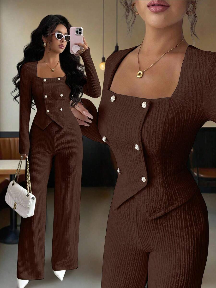 Elenzga Women Dark Brown 2 Pieces Set,Elegant Double-Breasted Fitted Blazer & High Waist Straight Leg Pants,Fall Winter Birthday Party Commuter Style Outfits - Brown - View 1