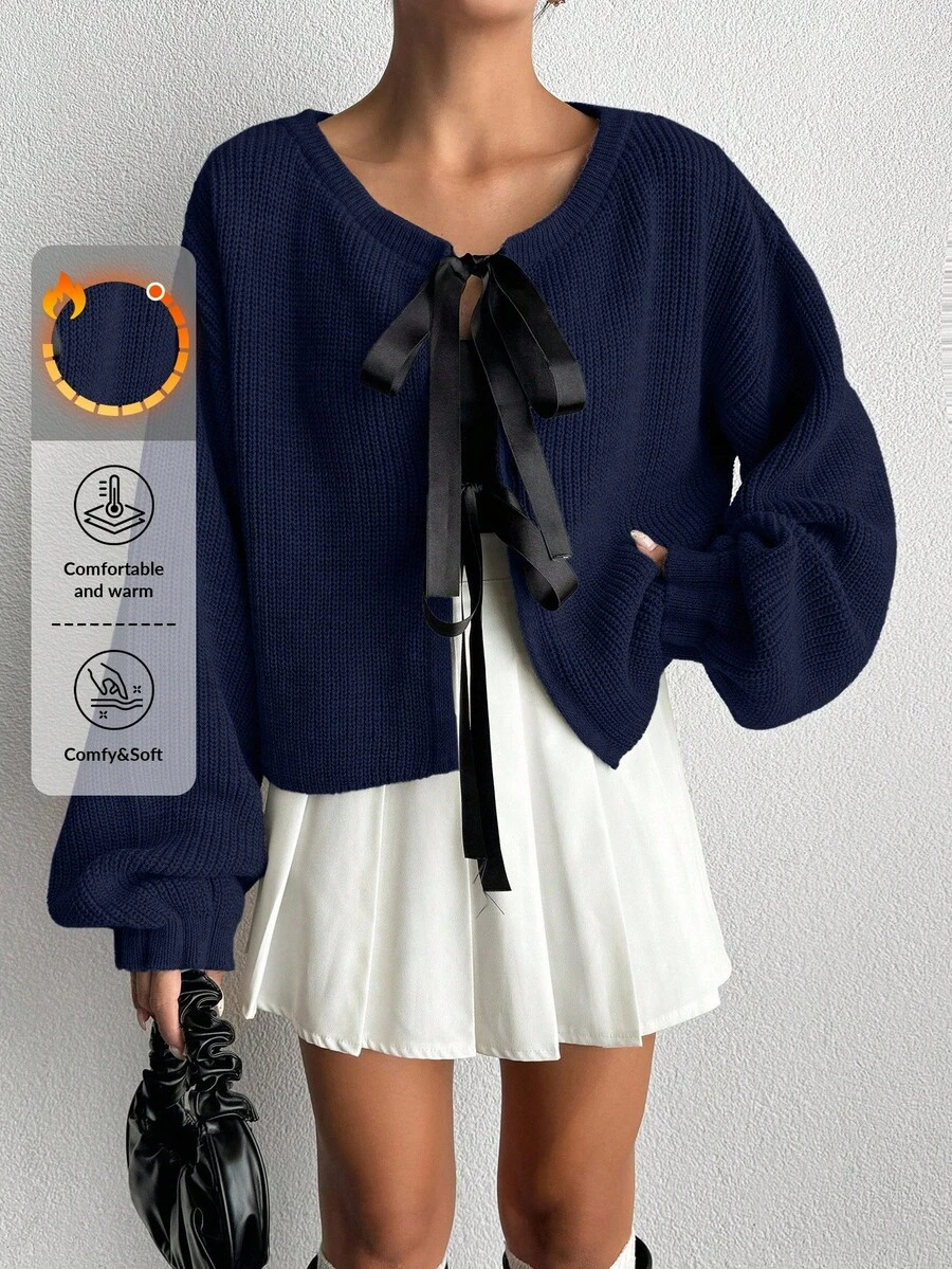 EURMUSE Solid Color Knotted Bow Thick Knit Long Sleeve Cardigan,Cardigans For Women,Petite Cardigans,Cardigans - Navy Blue - View 1