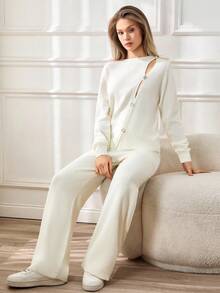 SHEIN Tall Coordinato casual con maglione alto con dettagli a bottoni di taglia oversize - Albicocca - Visualizzare 5