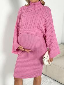 SHEIN Pregnant Women Solid Color Cable Turtleneck Long Sleeve Top And Skirt Elegant Sweater Set - Pink - View 3