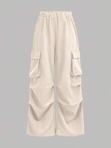 SHEIN Girlism 2件套少女纯色字母印花连帽运动衫和工装裤休闲装 - 棕色 - 查看 10