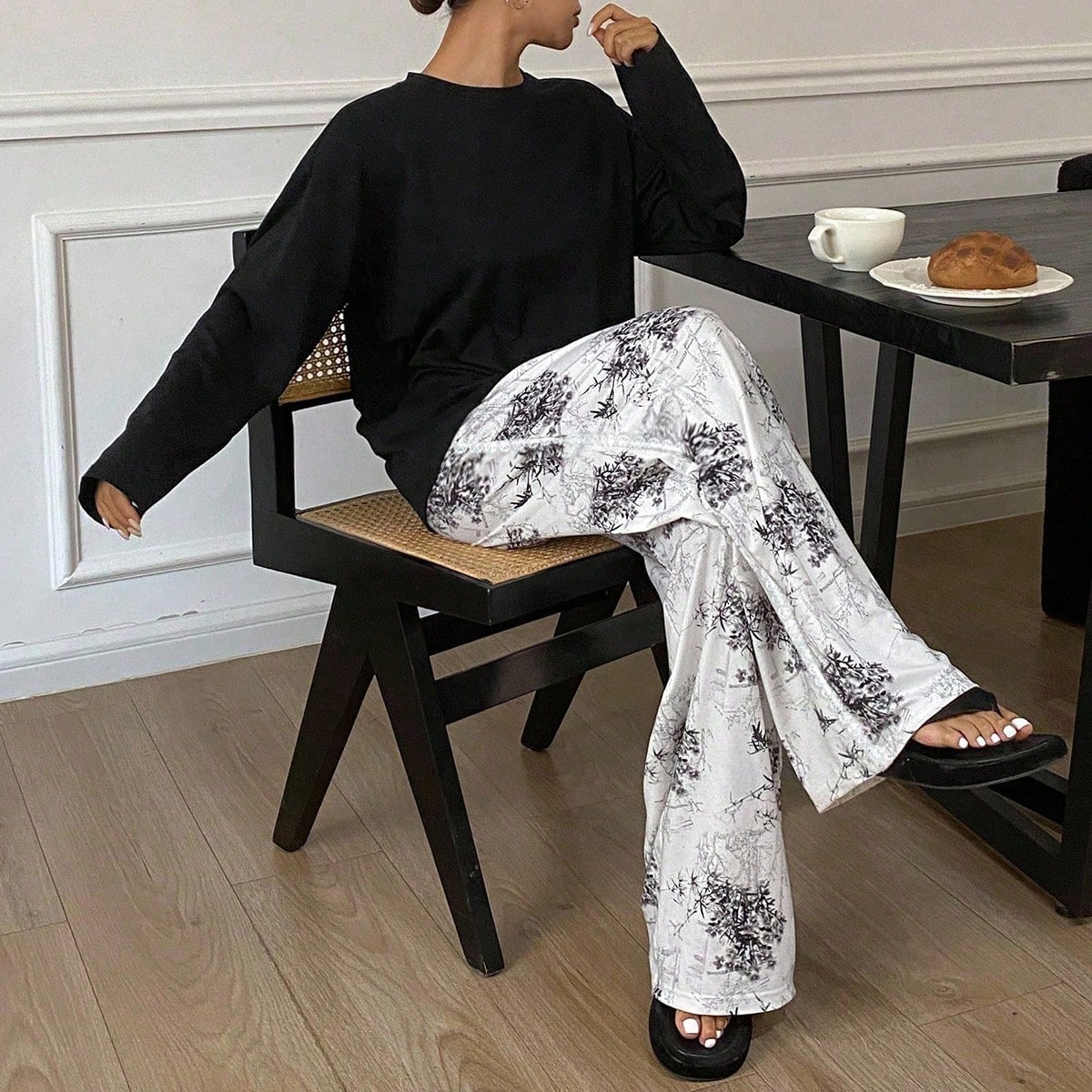 Conjunto de pijama con camiseta holgada de unicolor y pantalón holgado con estampado de tinta, ropa de dormir, ropa de vuelta al colegio, ropa de oto