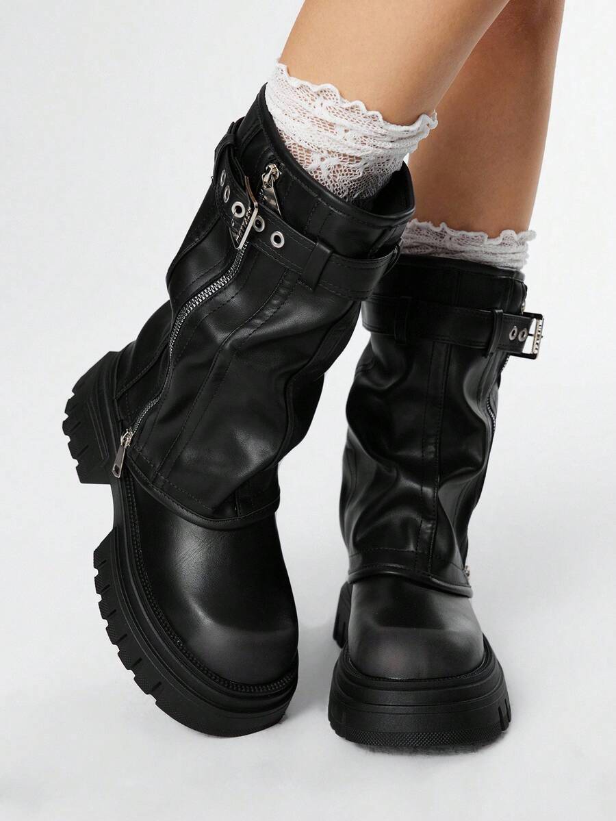 ROMWE Grunge Punk Women's Buckle Design Side Zipper Fashion Casual Mid-Calf Boots For Christmas