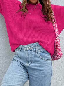 EMERY ROSE Suéter holgado de cuello caído de unicolor simple para uso diario y casual de mujer, otoño/invierno - Rosa Fucsia - Ver 3