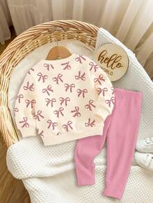 SHEIN 2件套女婴休闲宽松厚实柔软圆领长袖卫衣和打底裤套装，奶油白色和奶油粉色，可爱卡通猫咪，豹纹蝴蝶结印花，适合秋冬季