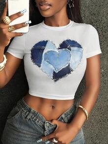 INAWLY Solva Women's Heart Print Round Neck Short Sleeve Cropped Casual T-Shirt