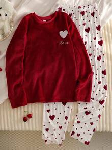 Teen Girl Pajamas, Teens Autumn/Winter Long Sleeve & Pants Set, Sweet Burgundy Velvet Fabric With Heart Embroidery & All-Over Heart Print Elegant Loungewear Teen Girls Heart Print Sleepwear - Red - View 3