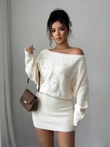 SHEIN Elenzya Robe moulante élégante en tricot avec épaules obliques perlées et manches chauve-souris pour femmes - Beige - Voir 6