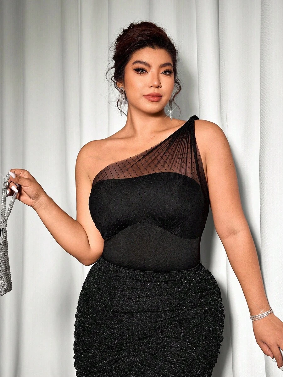 Cravure Plus Size Women's Luxury Black Summer Classy Night Out Club Party Style Knit Sleeveless Oblique Shoulder Mesh Twist Bodysuit,Wednesday Aesthetic - Black - View 1
