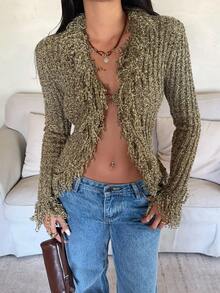 Aloruh Young Lady Sexy Floral Mesh Fringe Splice V-Neck Tight Ribbed Textured Long Sleeve Sweater For Women, Autumn/Winter - Olive Green - View 7