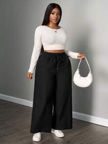 SHEIN PETITE CURVE 大码可爱白色梭织女式休闲裤， - 白色 - 查看 5