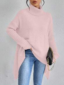 EMERY ROSE Women's Solid Color High Neck Drop Shoulder Long Sleeve Casual Loose Pullover Sweater, Autumn/Winter - Pink - View 5