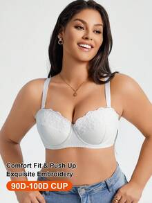 1 Áo ngực không dây đệm mút thêu vải Jacquard cỡ lớn, thoải mái, có gọng, nâng ngực - trắng - Xem 12