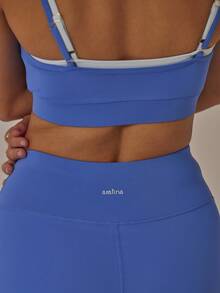 Aralina 女式双肩带镂空短款上衣和高腰紧身裤弹力健身套装 - 藍色 - 查看 9