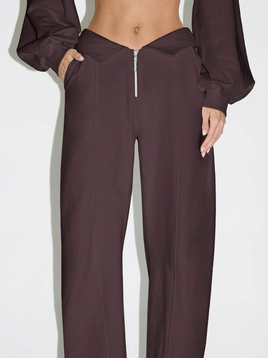 KIZN 休闲高腰阔腿裤，水晶前拉链，复古风格，卷边腰带，晚会正式派对礼服裤 - 咖啡棕 - 查看 1