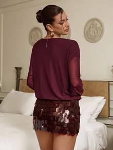 Aloruh Elegantes Damen-Partykleid aus bordeauxrotem Samt mit Patchwork, 70er-Jahre Retro-Minikleid für Herbst und Winter, für Nachtausgänge und Clubwear, Herbst-Outfit für Damen - Bordeaux - Übersicht 3