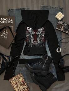 Attitoon 休闲简约十字图案女式纯色修身连帽T恤，秋季 - 黑色 - 查看 8