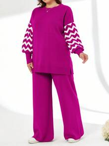 Striped Color Block Sweater And Pants Two Pieces Set - Hot Pink - View 3