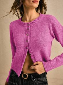 EURMUSE 秋冬女士卡其色圆领长袖单排扣休闲短款羊毛针织厚开衫，短款毛衣，可爱毛衣，秋季女装，外出上衣，商务休闲女装，秋季毛衣，办公室着装，基本款毛衣 - 粉色 - 查看 2