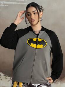 BATMAN X SHEIN 大码女式休闲日常通勤时尚街头蝙蝠标志印花撞色插肩袖拉链卫衣，春秋季拉链卫衣，女式冬季卫衣 - 黑色 - 查看 3
