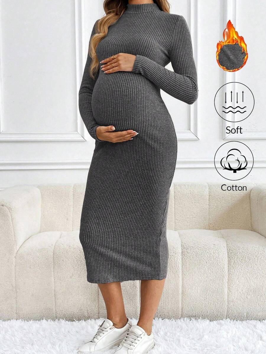 SHEIN 孕妇纯色立领修身优雅长袖连衣裙