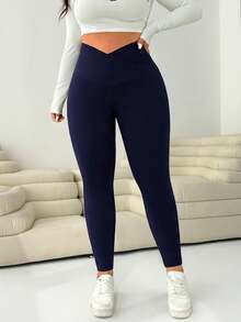 Solflare 海军蓝加大码女式不对称腰休闲紧身裤 - 藏蓝色 - 查看 4