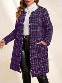 SHEIN Clasi Veste d'hiver pour femmes grandes tailles, manteau à manches longues avec motif tweed synthétique, ouverture devant, boutons perle et poches - Prune - Voir 1