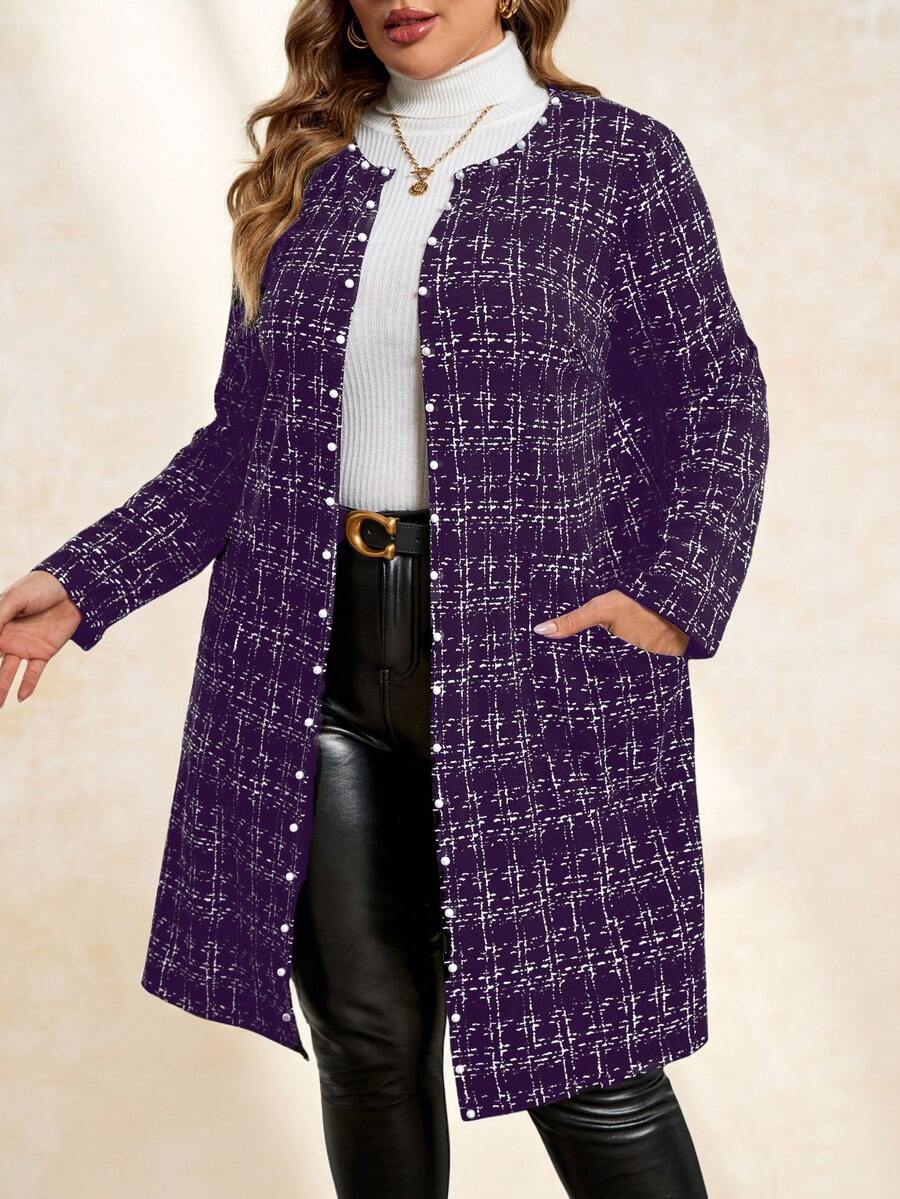 SHEIN Clasi Veste d'hiver pour femmes grandes tailles, manteau à manches longues avec motif tweed synthétique, ouverture devant, boutons perle et poches - Prune - Voir 1